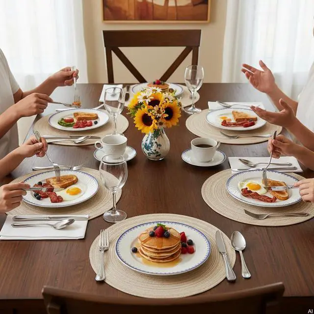Alt view image 2 of 3 - 15 inch Round Placemats Set of 6, Cotton Polyester Woven Braided Place Mats, Washable Heat Resistant Circle Table Mats for Dining Table (Beige, 6)