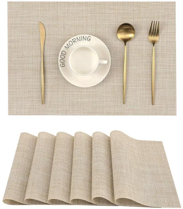 Main image of Woven Vinyl Beige Placemats Set of 6 - Linen Look & Easy to Clean