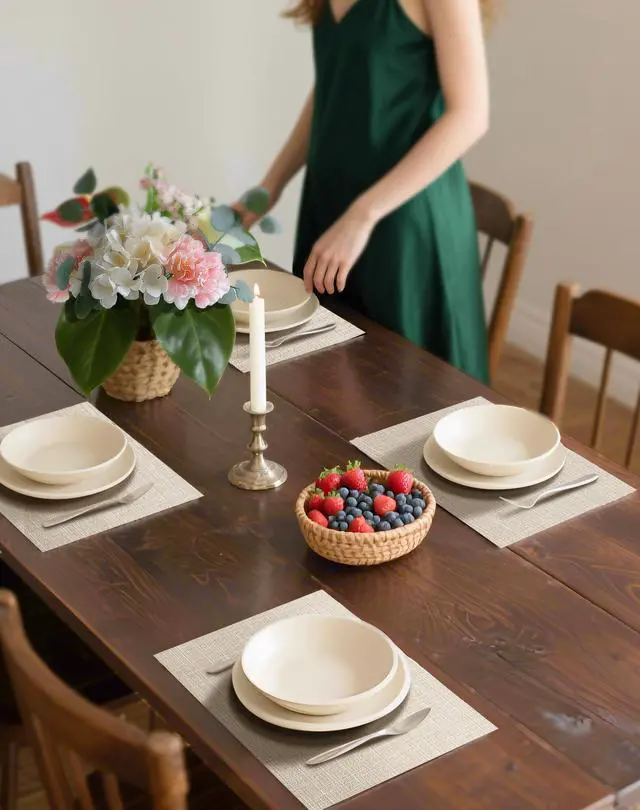 Alt view image 3 of 7 - Woven Vinyl Beige Placemats Set of 6 - Linen Look & Easy to Clean