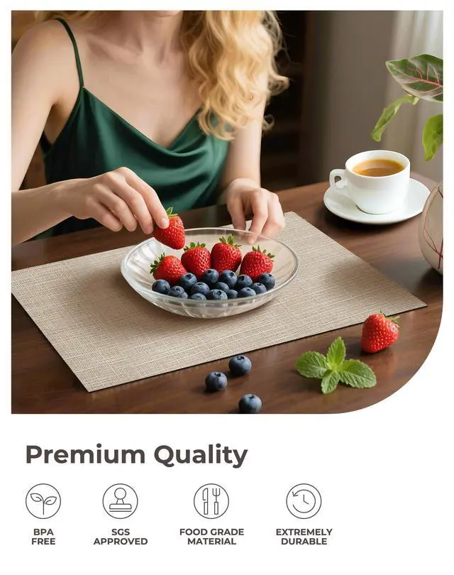 Alt view image 7 of 7 - Woven Vinyl Beige Placemats Set of 6 - Linen Look & Easy to Clean