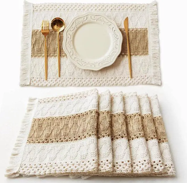 Main image of Boho Placemats Set of 6, Macrame Table Mats Farmhouse Dining Decor | 12x20" Woven Burlap Place Mat with Tassel for Kitchen and Dining Table Centerpiece Home Decorations Rustic Boho Kitchen Decor