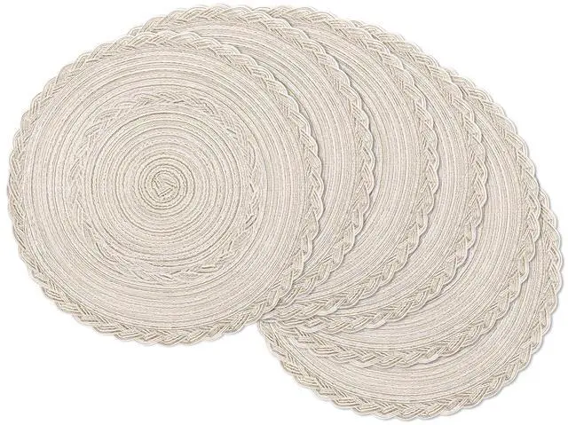 Main image of Round Placemats Set of 6 Boho Braided Bordered Place Mats 15 inch for Dining Tables Wedding Holiday Party (Ivory Bordered, 6)