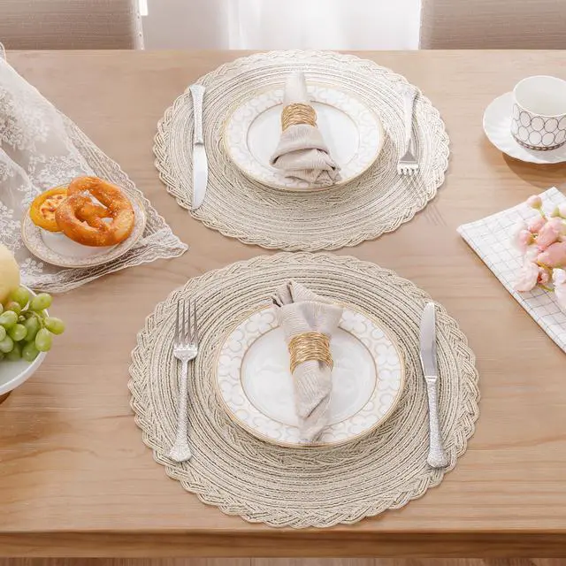 Alt view image 2 of 7 - Round Placemats Set of 6 Boho Braided Bordered Place Mats 15 inch for Dining Tables Wedding Holiday Party (Ivory Bordered, 6)