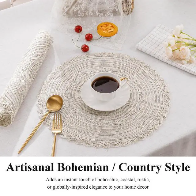 Alt view image 3 of 7 - Round Placemats Set of 6 Boho Braided Bordered Place Mats 15 inch for Dining Tables Wedding Holiday Party (Ivory Bordered, 6)