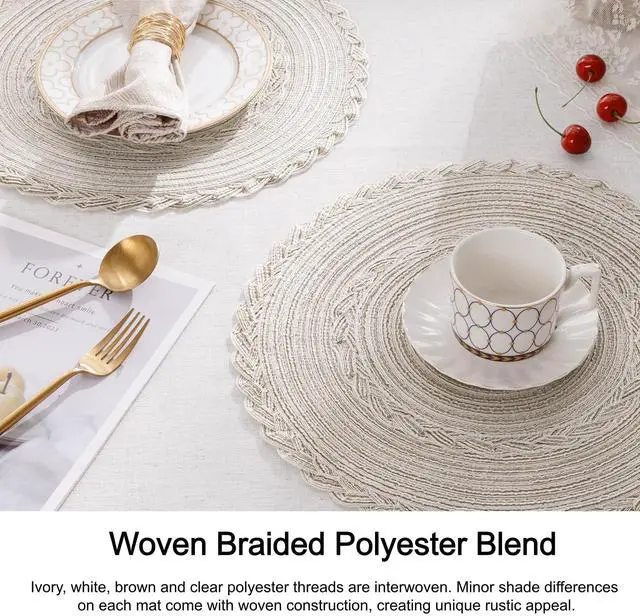 Alt view image 4 of 7 - Round Placemats Set of 6 Boho Braided Bordered Place Mats 15 inch for Dining Tables Wedding Holiday Party (Ivory Bordered, 6)