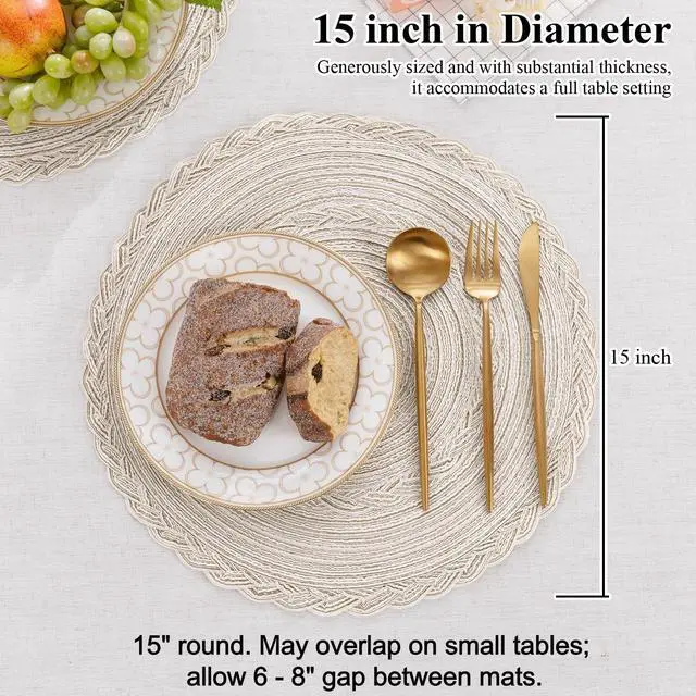 Alt view image 5 of 7 - Round Placemats Set of 6 Boho Braided Bordered Place Mats 15 inch for Dining Tables Wedding Holiday Party (Ivory Bordered, 6)