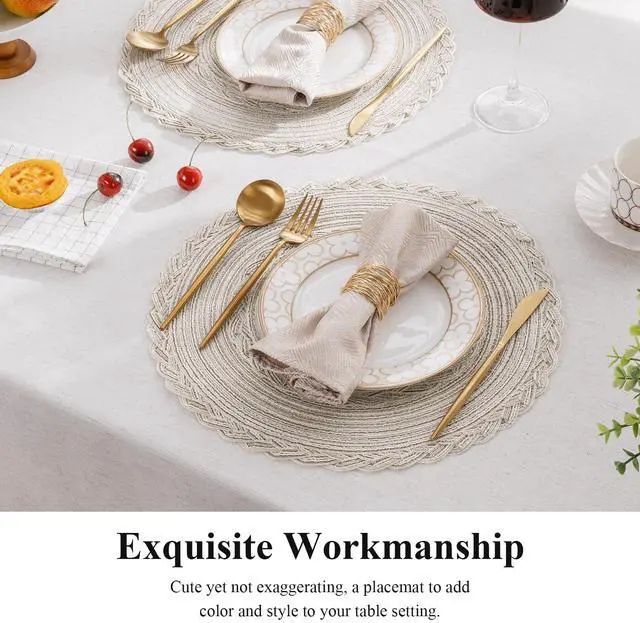 Alt view image 6 of 7 - Round Placemats Set of 6 Boho Braided Bordered Place Mats 15 inch for Dining Tables Wedding Holiday Party (Ivory Bordered, 6)
