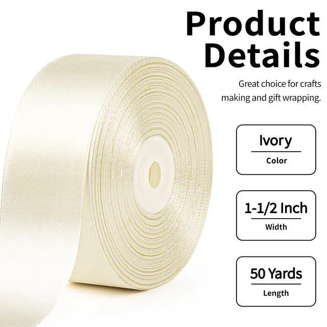 Alt view image 2 of 7 - Ivory Satin Ribbon, 1-1/2 Inch, 50 Yards | Cream, Beige, Solid Polyester Fabric Ribbon for Roses Making, Gift Wrapping, Flower Bouquets, Wedding Decorations