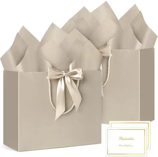 Main image of Champagne Gift Bags with Handles, 13", 2 Pack | With 2 Tissue Paper & 2 Cards, For Wedding, Bridal Shower, Birthday Party