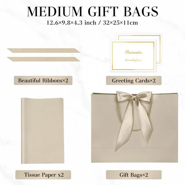 Alt view image 2 of 7 - Champagne Gift Bags with Handles, 13", 2 Pack | With 2 Tissue Paper & 2 Cards, For Wedding, Bridal Shower, Birthday Party