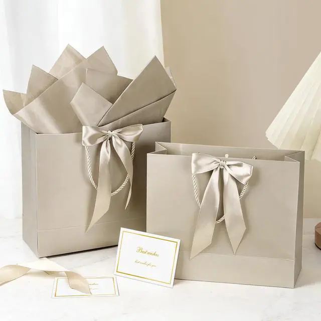 Alt view image 4 of 7 - Champagne Gift Bags with Handles, 13", 2 Pack | With 2 Tissue Paper & 2 Cards, For Wedding, Bridal Shower, Birthday Party