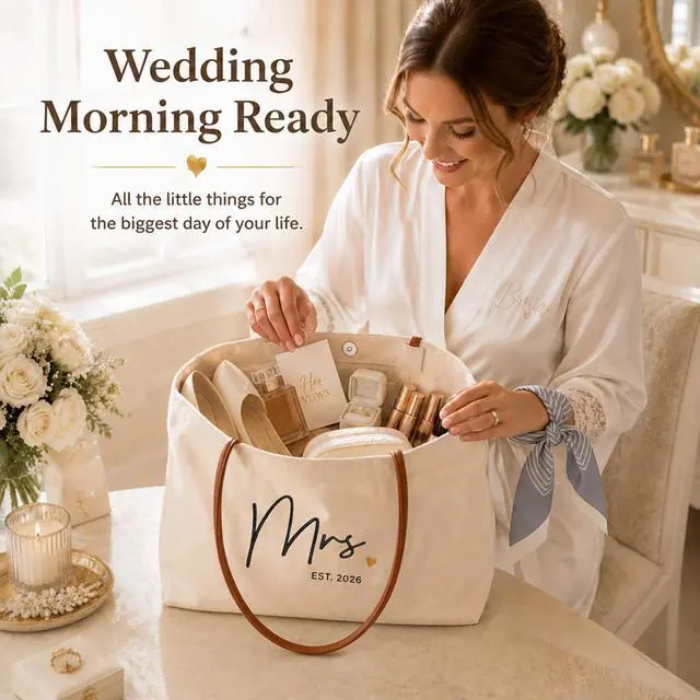 Alt view image 3 of 7 - Bridal Shower Gifts for Bride, Mrs Tote Bag 2026, Canvas | Engagement Gift for Bride, Wifey, Bachelorette Party Favors, Honeymoon, Wedding Essentials Bag with Leather Handle & Pocket