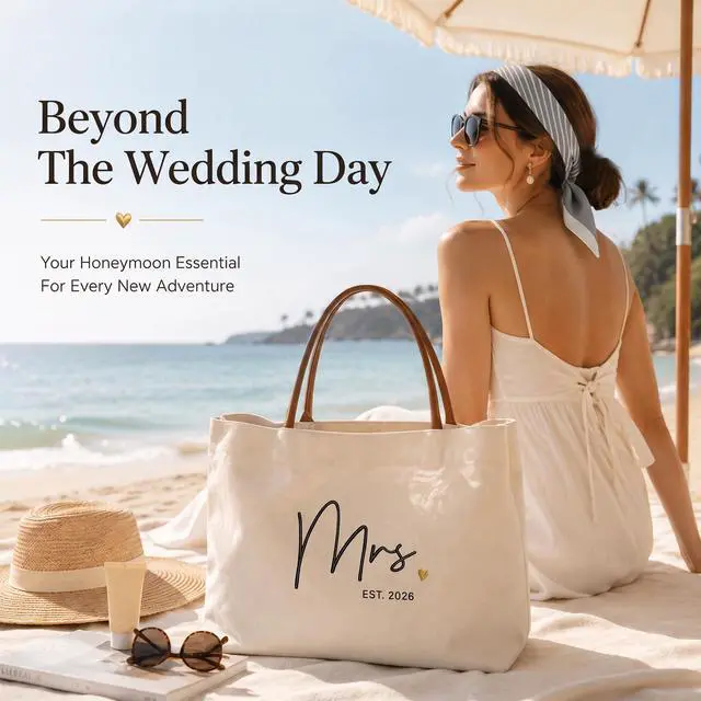 Alt view image 5 of 7 - Bridal Shower Gifts for Bride, Mrs Tote Bag 2026, Canvas | Engagement Gift for Bride, Wifey, Bachelorette Party Favors, Honeymoon, Wedding Essentials Bag with Leather Handle & Pocket