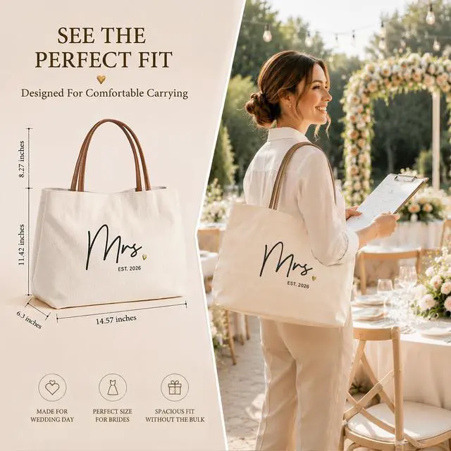 Alt view image 7 of 7 - Bridal Shower Gifts for Bride, Mrs Tote Bag 2026, Canvas | Engagement Gift for Bride, Wifey, Bachelorette Party Favors, Honeymoon, Wedding Essentials Bag with Leather Handle & Pocket