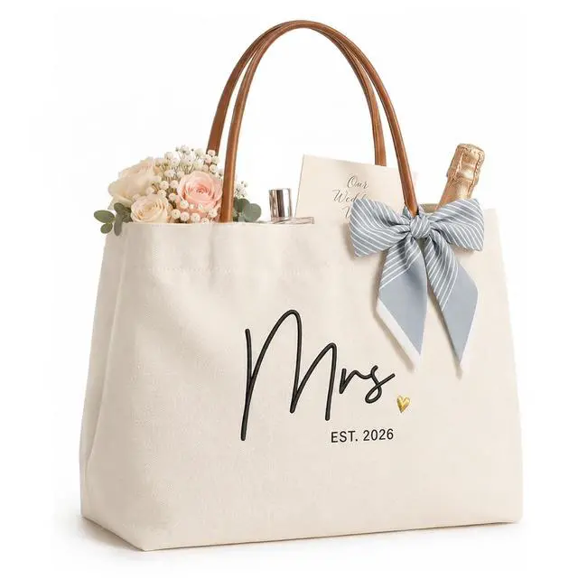 Main image of Bridal Shower Gifts for Bride, Mrs Tote Bag 2026, Canvas | Engagement Gift for Bride, Wifey, Bachelorette Party Favors, Honeymoon, Wedding Essentials Bag with Leather Handle & Pocket