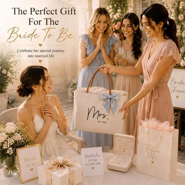 Alt view image 2 of 7 - Bridal Shower Gifts for Bride, Mrs Tote Bag 2026, Canvas | Engagement Gift for Bride, Wifey, Bachelorette Party Favors, Honeymoon, Wedding Essentials Bag with Leather Handle & Pocket