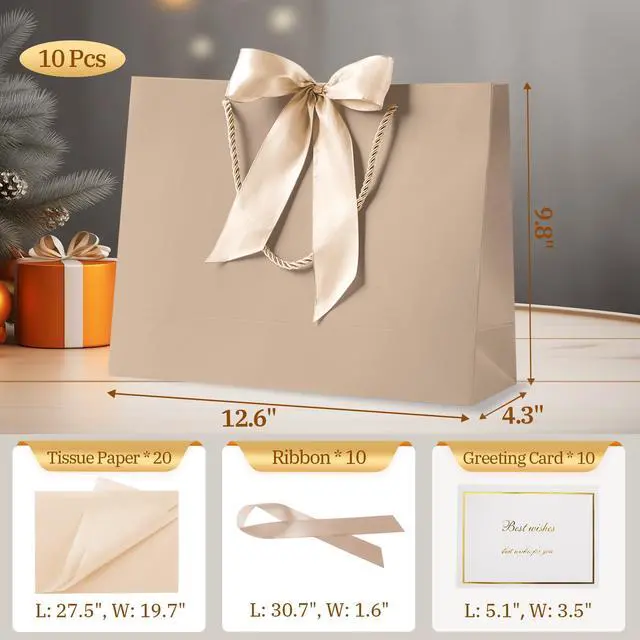 Alt view image 2 of 6 - 10 Set Medium Gift Bags with Handles (Champagne, 12.6x9.8x4.3 In) | 10 Luxury Gift Bags with 20 Tissue Paper and 10 Cards, Idea for Women Men Housewarming Bridal Shower Wedding Birthday