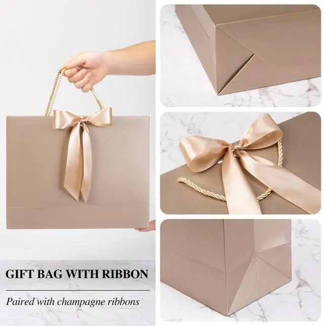 Alt view image 6 of 6 - 10 Set Medium Gift Bags with Handles (Champagne, 12.6x9.8x4.3 In) | 10 Luxury Gift Bags with 20 Tissue Paper and 10 Cards, Idea for Women Men Housewarming Bridal Shower Wedding Birthday