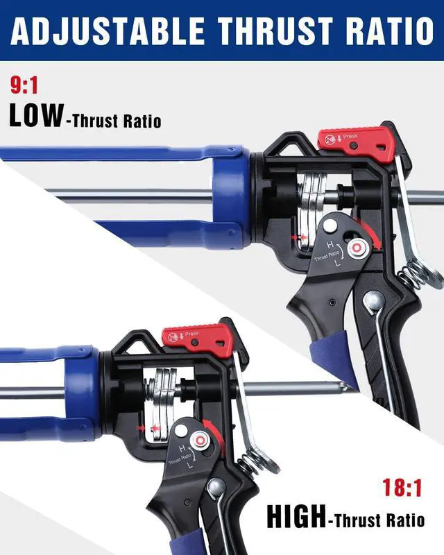 Alt view image 3 of 7 - Caulking Gun, Hand Caulk Gun with Adjustable 9:1&18:1 Thrust Ratio | Less-Dripping Regulating, Sealant Silicone Gun with Comfort Grip, Smooth Round Rod for 10oz Caulk Tubes