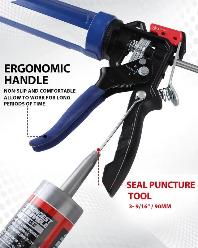 Alt view image 6 of 7 - Caulking Gun, Hand Caulk Gun with Adjustable 9:1&18:1 Thrust Ratio | Less-Dripping Regulating, Sealant Silicone Gun with Comfort Grip, Smooth Round Rod for 10oz Caulk Tubes