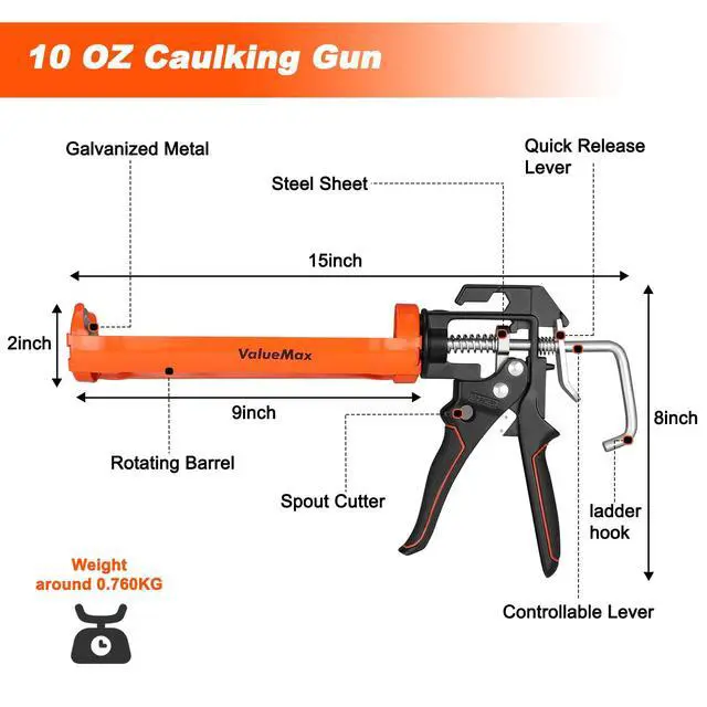 Alt view image 2 of 6 - Caulk Gun, 9 Inch Silicone Sealant Caulking Gun No Drip | Trigger Comfort Grip, Iron Smooth Rod, Ideal for Tiles, Window Joints, Toliet Bottom Seals, Sink Sides, 8:1 Thrust Ratio