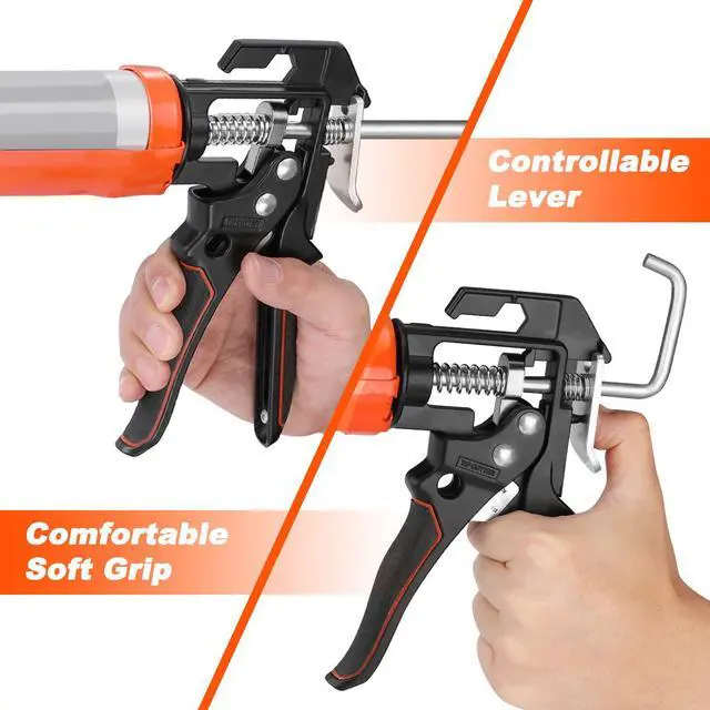 Alt view image 5 of 6 - Caulk Gun, 9 Inch Silicone Sealant Caulking Gun No Drip | Trigger Comfort Grip, Iron Smooth Rod, Ideal for Tiles, Window Joints, Toliet Bottom Seals, Sink Sides, 8:1 Thrust Ratio