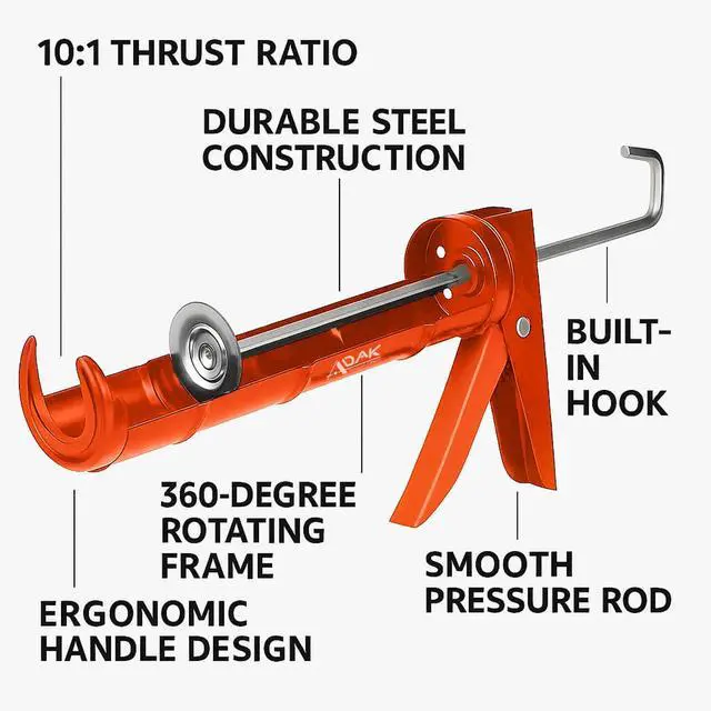 Alt view image 6 of 7 - Caulking Gun, 10:1 Thrust Ratio, No Drip Caulk Gun for Silicone & Sealant, Heavy Duty Hand Tool for Home Repair and Construction (Orange)