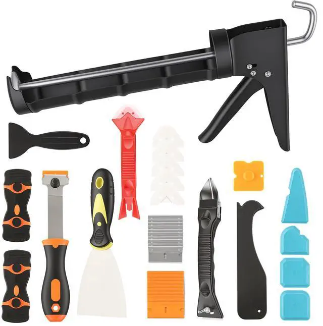 Main image of Caulk Gun Kit With Scraper Tools, 10 Oz, For Kitchen Bathroom | Drip-Free Caulk Gun, 360° Rotating Barrel, 15:1 Thrust Ratio, Plastic And Metal Scrapers, Pouch Included