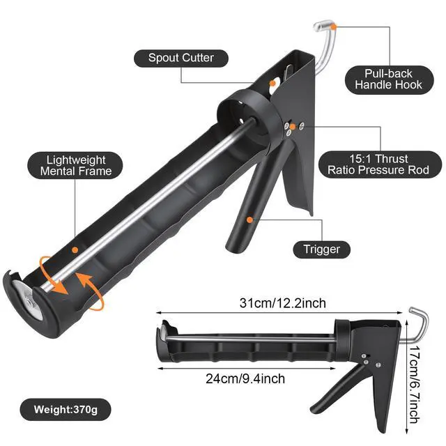 Alt view image 2 of 7 - Caulk Gun Kit With Scraper Tools, 10 Oz, For Kitchen Bathroom | Drip-Free Caulk Gun, 360° Rotating Barrel, 15:1 Thrust Ratio, Plastic And Metal Scrapers, Pouch Included