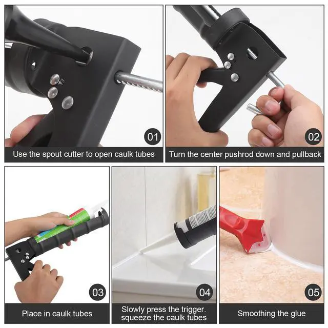 Alt view image 7 of 7 - Caulk Gun Kit With Scraper Tools, 10 Oz, For Kitchen Bathroom | Drip-Free Caulk Gun, 360° Rotating Barrel, 15:1 Thrust Ratio, Plastic And Metal Scrapers, Pouch Included
