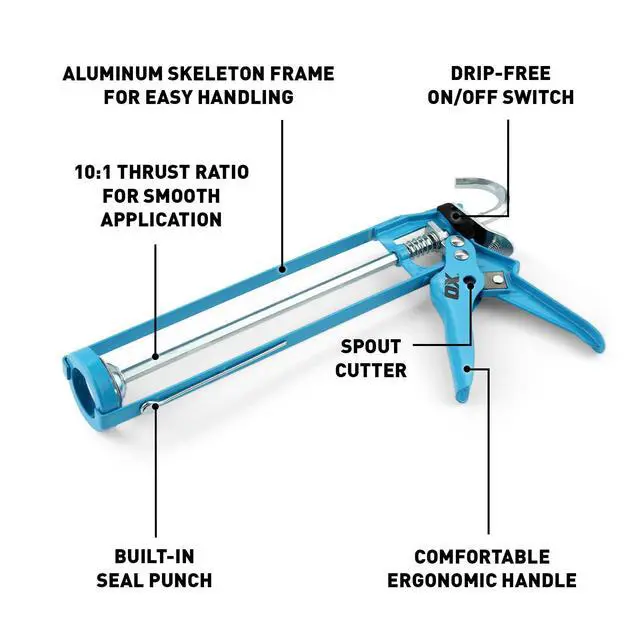 Alt view image 2 of 7 - Caulk Gun No Drip 10 oz Dripless Caulking Gun Skeleton Frame | Manual silicone gun, 10:1 thrust ratio, on/off drip switch, built-in spout cutter and seal punch