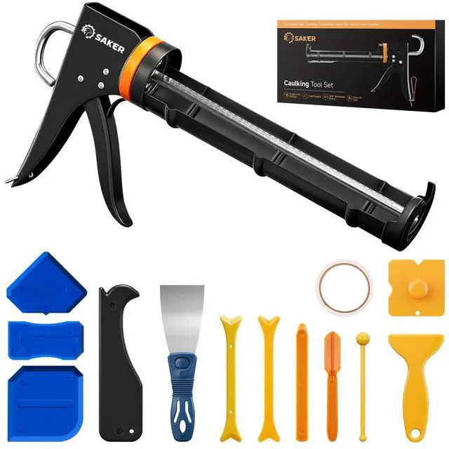 Main image of Caulk Gun Kit, Manual Caulking Gun with 11-in-1 Caulking Tool Set, Silicone Sealant Finishing Tools, Grout Scrapers & Shapers with Masking Tape for Bathroom, Kitchen, Window & Home Repair