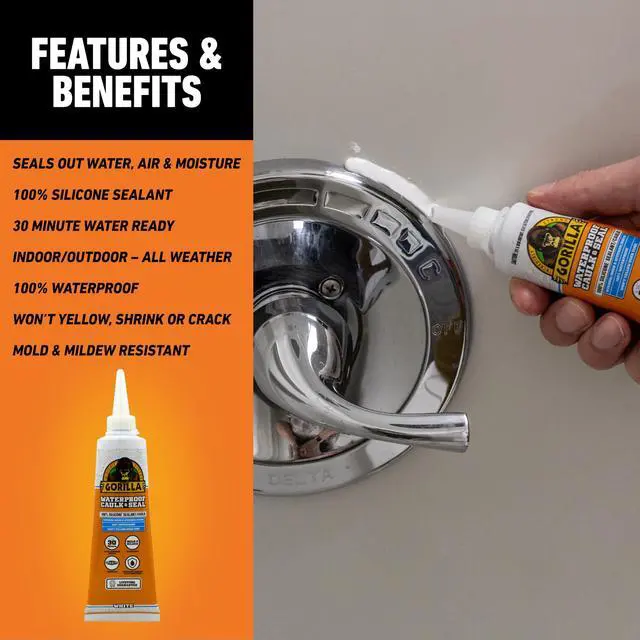 Alt view image 3 of 5 - 100% Silicone Caulk, Waterproof Sealant, 2.8oz Squeeze Tube, 2-Pack | 10 Year Mold Resistant, White Color, Suitable for Kitchen, Window, Bath, Marine, Door and More