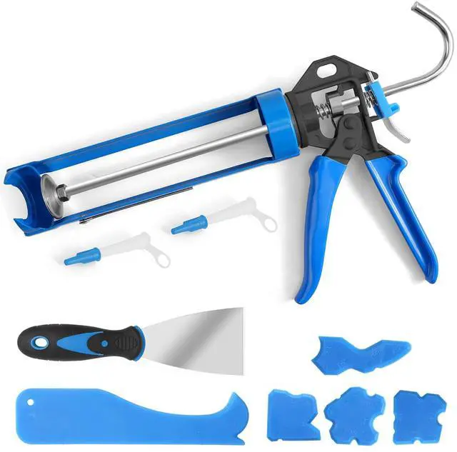 Main image of Professional Caulk Guns, Heavy Duty Caulking Gun,Thrust Ratio 14:1,No-drip Rotating Barrel,10OZ Silicone Sealant gun, Come with Putty Knife,Caulk Finishing,Smoothing&Grout Removal Tool Kit