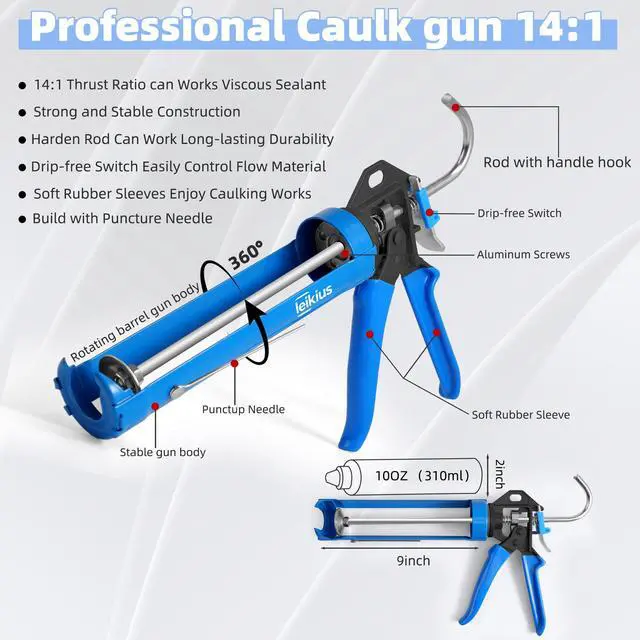 Alt view image 2 of 7 - Professional Caulk Guns, Heavy Duty Caulking Gun,Thrust Ratio 14:1,No-drip Rotating Barrel,10OZ Silicone Sealant gun, Come with Putty Knife,Caulk Finishing,Smoothing&Grout Removal Tool Kit