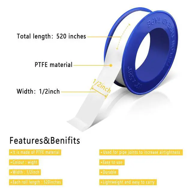 Alt view image 3 of 7 - 8 Rolls 1/2 Inch(W) X 520 Inches(L) Teflon Plumbers Tape,Pipe Sealing & Plumbing Thread Tape,PTFE Water Sealant Seal for Shower Head,White