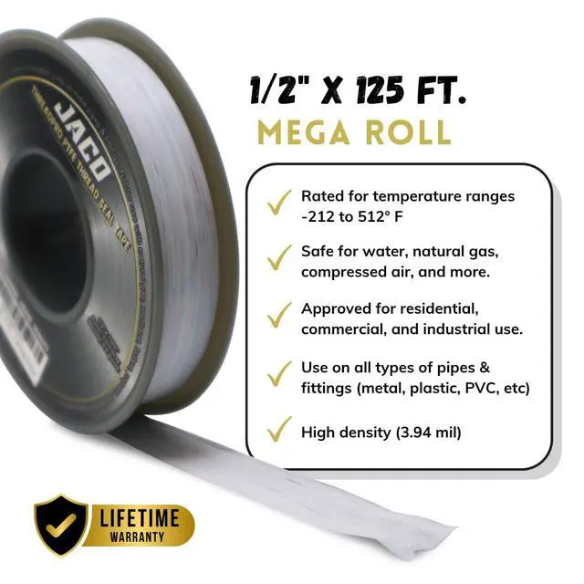 Alt view image 3 of 6 - ThreadPro High-Density Thread Seal Tape - 1/2" x 125 ft. (Mega Roll) | Professional PTFE Pipe Sealant | Plumbers Tape