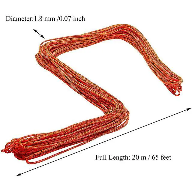 Alt view image 2 of 7 - 1.8mm Fluorescent Reflective Guyline Tent Rope Camping Cord Paracord 65 Feet (Orange, 20m)