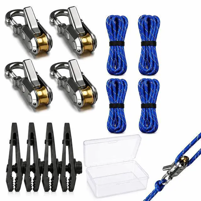 Main image of 4 Pack No-Knot Rope Tensioner Kit with Guy Lines and Tarp Clips | No-knot roller tighteners, reflective cords, twist-lock tarp clips and a storage case for tents, tarps, canopies and awnings.