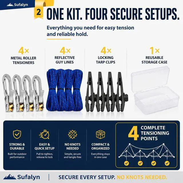 Alt view image 2 of 6 - 4 Pack No-Knot Rope Tensioner Kit with Guy Lines and Tarp Clips | No-knot roller tighteners, reflective cords, twist-lock tarp clips and a storage case for tents, tarps, canopies and awnings.