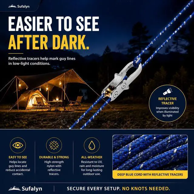 Alt view image 3 of 6 - 4 Pack No-Knot Rope Tensioner Kit with Guy Lines and Tarp Clips | No-knot roller tighteners, reflective cords, twist-lock tarp clips and a storage case for tents, tarps, canopies and awnings.