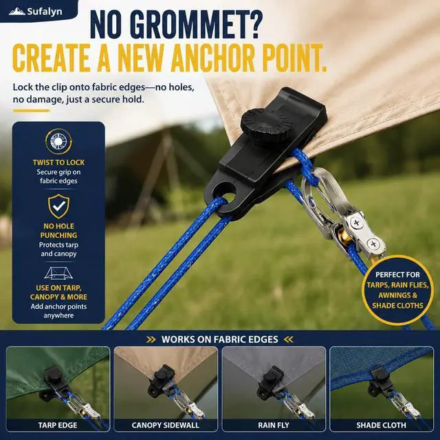 Alt view image 5 of 6 - 4 Pack No-Knot Rope Tensioner Kit with Guy Lines and Tarp Clips | No-knot roller tighteners, reflective cords, twist-lock tarp clips and a storage case for tents, tarps, canopies and awnings.