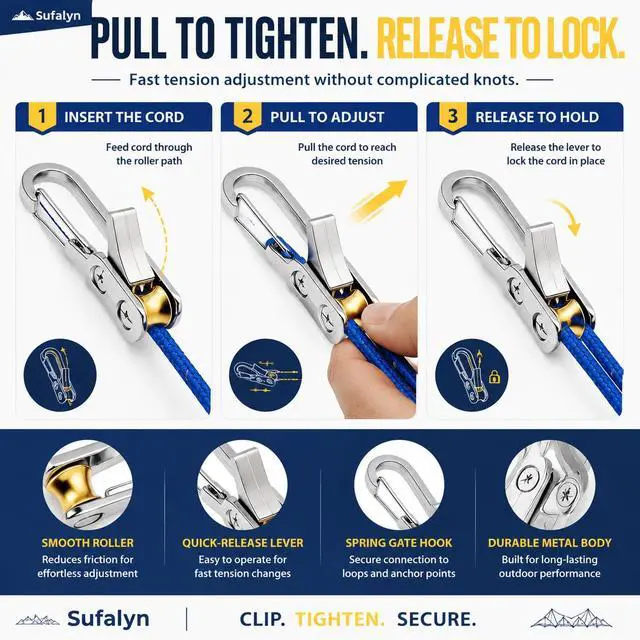 Alt view image 6 of 6 - 4 Pack No-Knot Rope Tensioner Kit with Guy Lines and Tarp Clips | No-knot roller tighteners, reflective cords, twist-lock tarp clips and a storage case for tents, tarps, canopies and awnings.