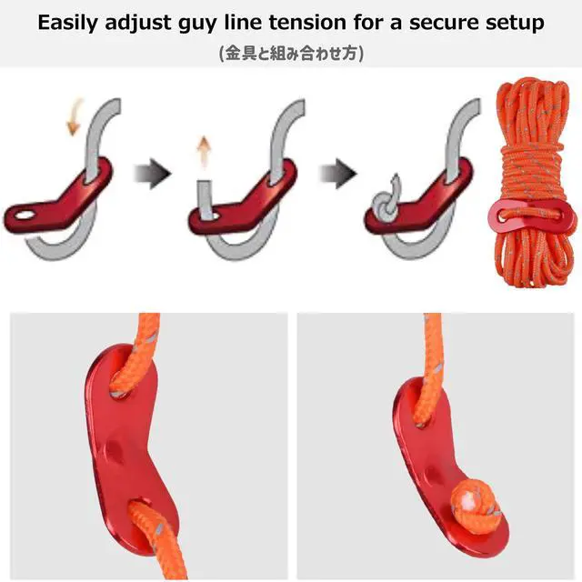 Alt view image 3 of 7 - Reflective Tent Guide Rope Lightweight Guy Line Cord with Aluminum Adjuster Tensioner for Camping Hiking Backpacking - Essential Survival Gear 13 ft per piece (Orange - 4mm - 12 Pack)