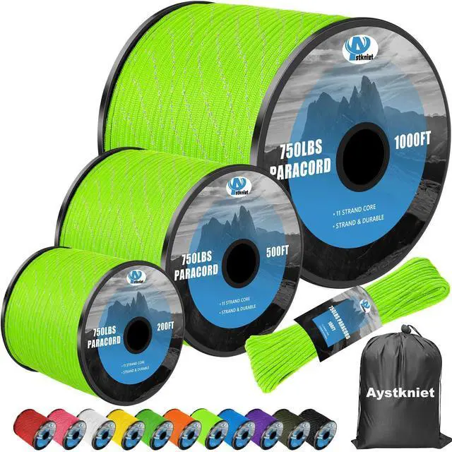 Main image of 750Ib Reflective Paracord Rope, para Cord Lanyard, Parachute Spool Cord | 100', 4mm 11 Strand Polyester Rope for Hammock, Camping, Hiking, Shoelaces, Tent Guylines, Fade-resistant, Green