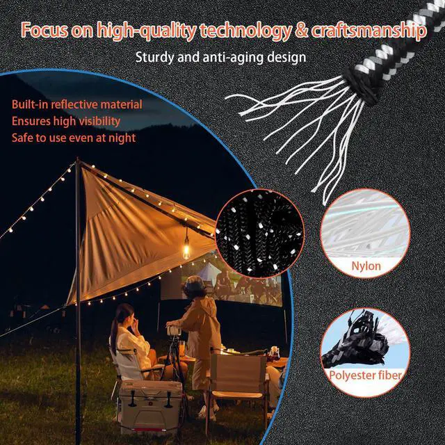 Alt view image 4 of 6 - Lightweight Tent Guy Lines with Aluminum Tensioners6-Pack | Black