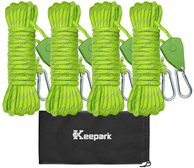Main image of Camping Ropes Guy Line - Tie Down Ropes with Ratchet System, Pulley & Reinforced Metal Gear - Heavy Duty Adjustable Guy Lines for Canopy Tent, Quick Setup Strap (1/6 In Dia x 13.12 Ft)-4 Pack - Green