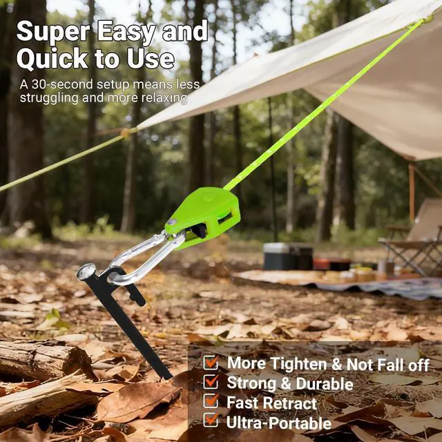 Alt view image 2 of 7 - Camping Ropes Guy Line - Tie Down Ropes with Ratchet System, Pulley & Reinforced Metal Gear - Heavy Duty Adjustable Guy Lines for Canopy Tent, Quick Setup Strap (1/6 In Dia x 13.12 Ft)-4 Pack - Green