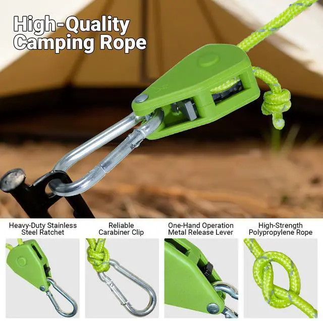 Alt view image 4 of 7 - Camping Ropes Guy Line - Tie Down Ropes with Ratchet System, Pulley & Reinforced Metal Gear - Heavy Duty Adjustable Guy Lines for Canopy Tent, Quick Setup Strap (1/6 In Dia x 13.12 Ft)-4 Pack - Green