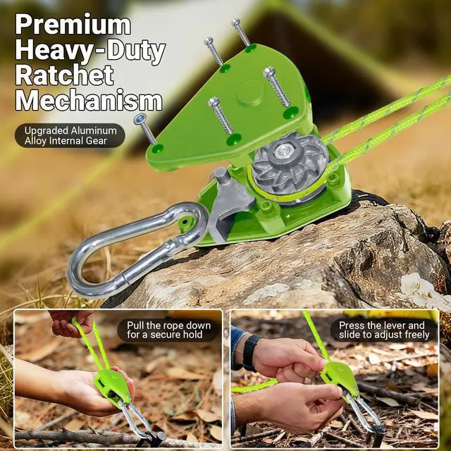 Alt view image 3 of 7 - Camping Ropes Guy Line - Tie Down Ropes with Ratchet System, Pulley & Reinforced Metal Gear - Heavy Duty Adjustable Guy Lines for Canopy Tent, Quick Setup Strap (1/6 In Dia x 13.12 Ft)-4 Pack - Green